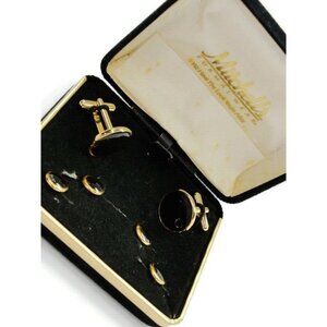 Mitchells Round Cufflinks Set Shirt Button Studs Black & Gold Tone Wedding IOB